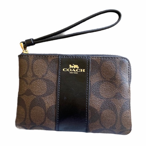 Coach EUC Corner Zip Wristlet In Signature Coated Canvas Black Brown - Picture 2 of 12